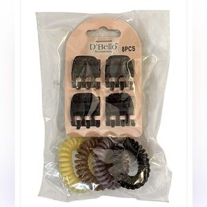 NWT D’Bello 8 Pack Hair Accessories/ 4 Small Claw Clips and 4 Spiral Elastics